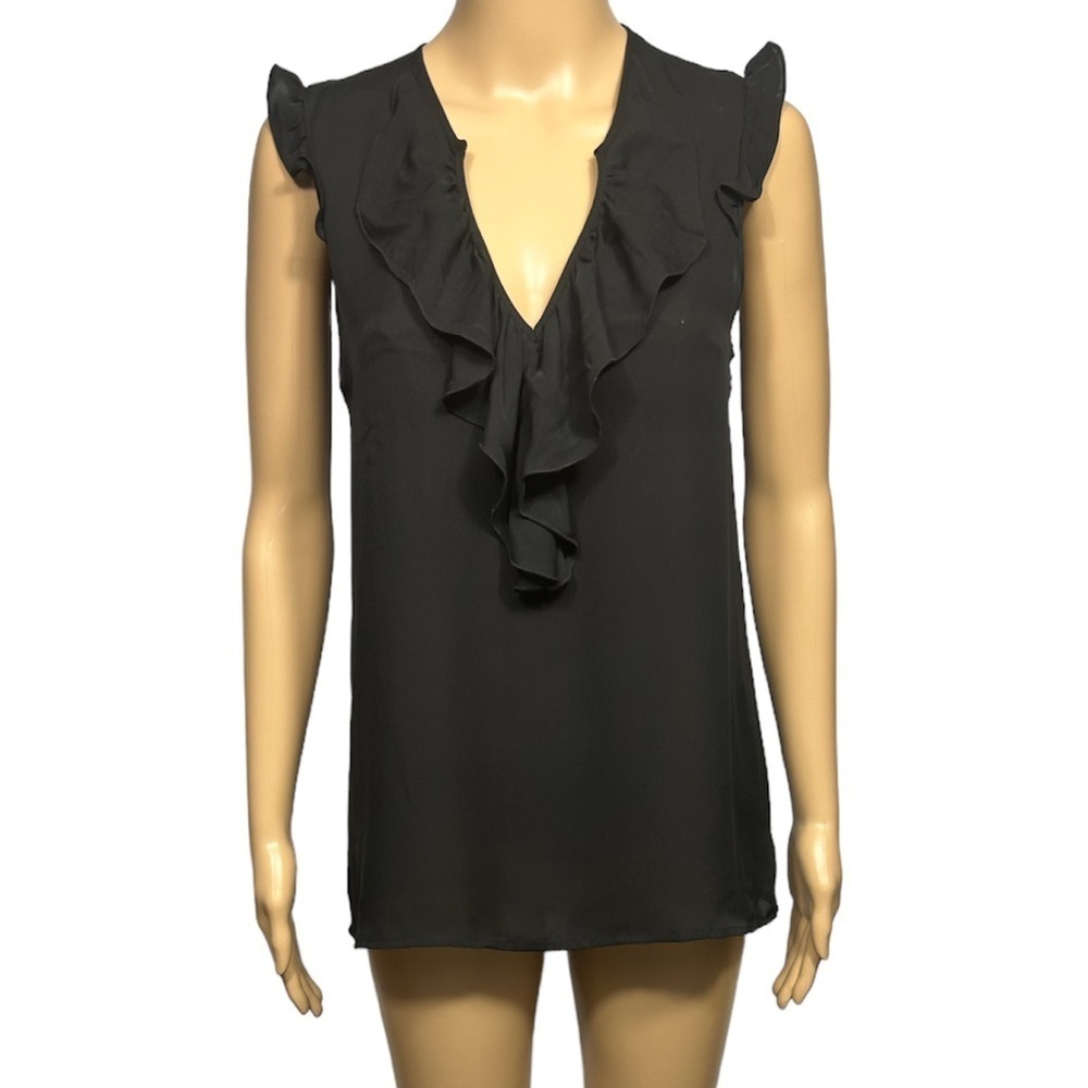 Theory Black Sleeveless Ruffled Neckline Silk Blouse Top Size S